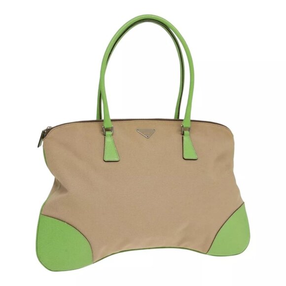 PRADA Shoulder Bag Canvas Beige Silver Green Auth 89561 - Picture 1 of 16